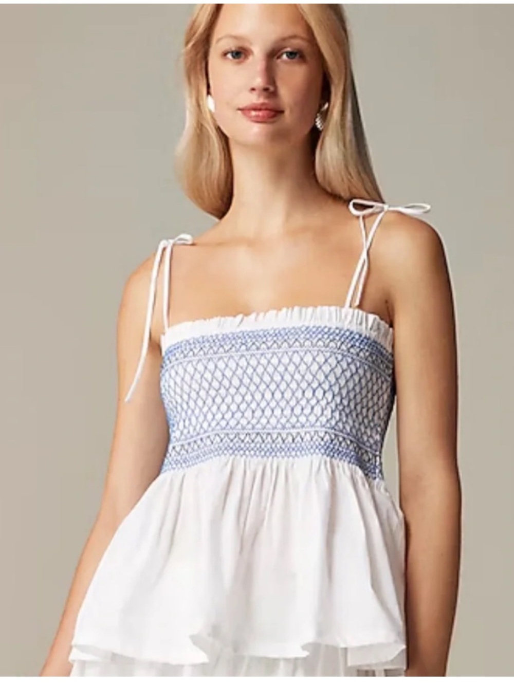 J. Crew White Tank Top with Blue Smocked Bodice
